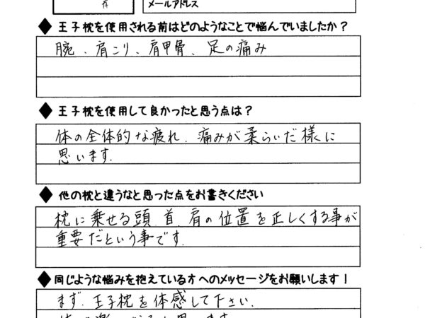 身体の全体的な疲れが取れ、痛みが和らいだようでした。