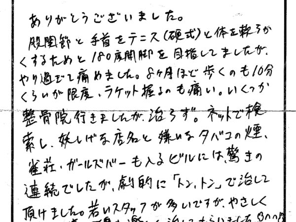 股関節と手首をテニスと体を軟らかくするために来院しました